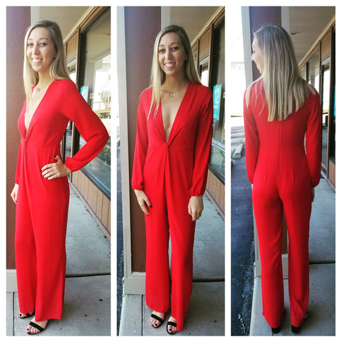 Lady in red jumpsuit