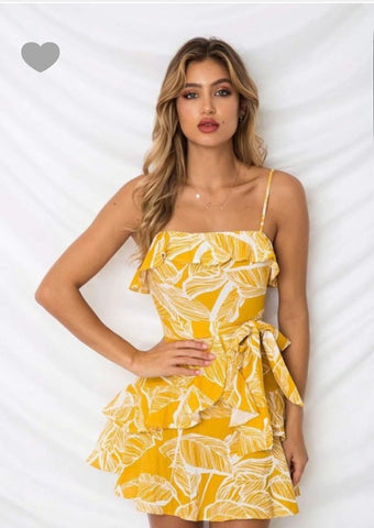 Yellow tropic ruffle mini dress